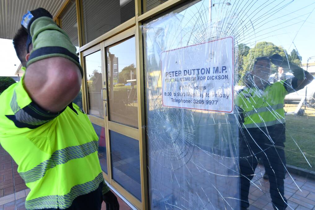 Peter Dutton's electorate office atr Strathpine was vandalised the night before the Liberal Party leadership spill. Photo: Darren England/AAP