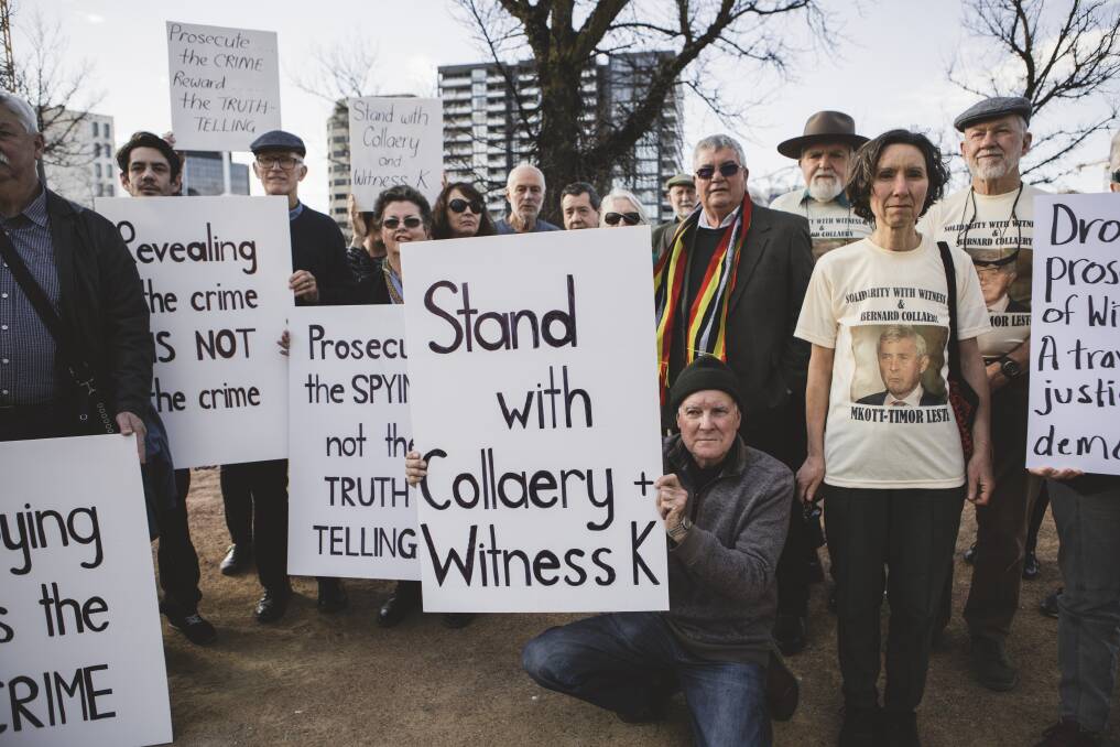 Protesters gather outside the ACT Magistrates Court in support of Witness K and Bernard Collaery. Photo: Jamila Toderas