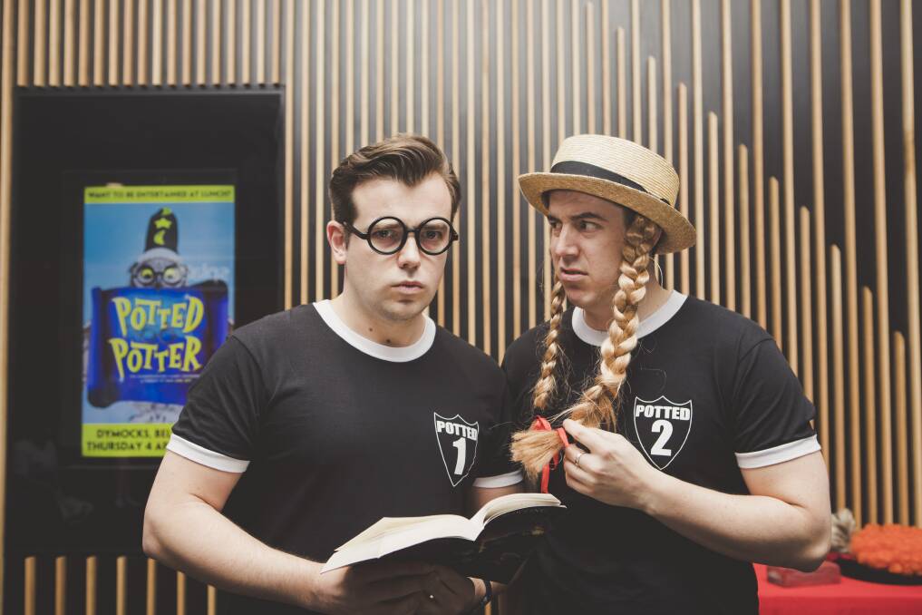 Potted Potter by Lunchbox Theatrical Productions will be showing at Canberra Theatre Centre.
From left, James Percy as Harry Potter and Joseph Maudsley as everyone else. Photo: Fairfax Media
