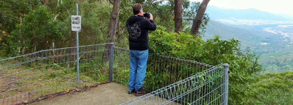 Bushranger buff Dave Moore surveys they vista from Clarke's lookout - the site of the attempted hold-up of the Araluen Gold Escort in March 1865. Photo: Tim the Yowie Man
