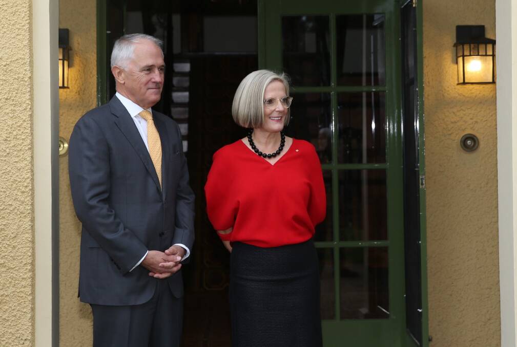 Prime Minister Malcolm Turnbull and Lucy Turnbull hosted a morning tea for the Australian of the Year finalists at The Lodge in Canberra in 2016 and 2017. Photo: Andrew Meares
