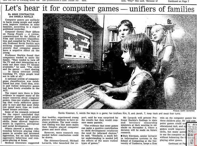 A front page story in The Canberra Times on October 5, 1995, following the release of government-commissioned research on the impact of computer games on families. Photo: Fairfax Media