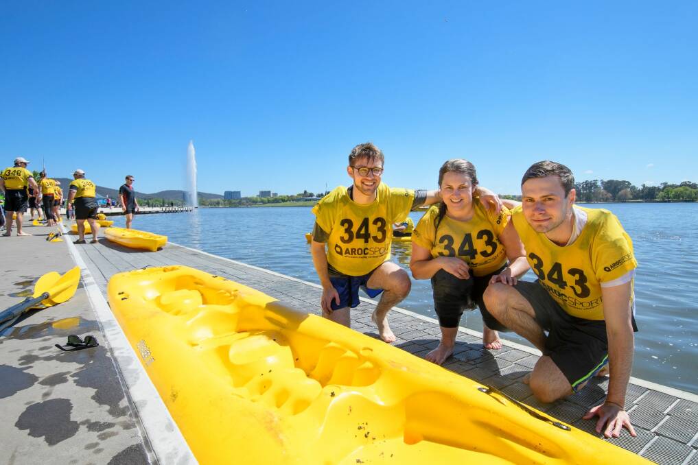 Winners of the inaugural Lake Burley Griffin Water Week Challenge Cup Ben Kirker, Morgan Evans, and Ben O'Sullivan. Photo: Sitthixay Ditthavong