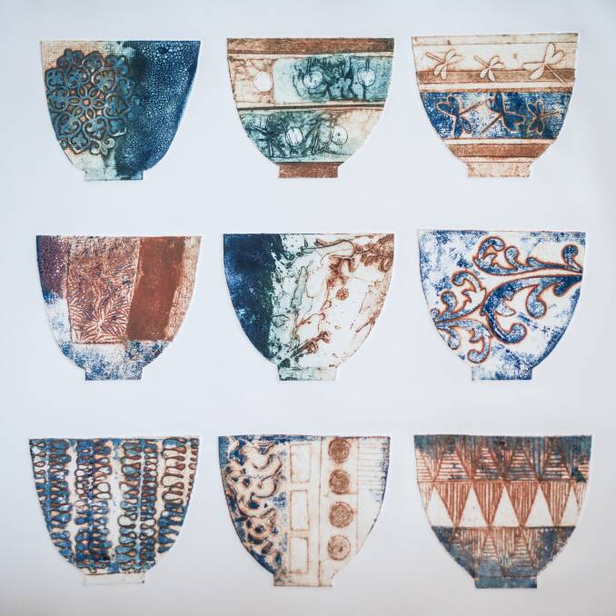 Ellen Bennett,<i> Vessels I</i>, collograph, in <i>Collection and Obsession</i> at  Form Studio and Gallery. Photo: Supplied