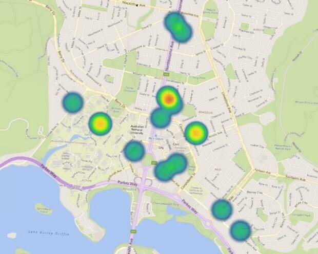 A heat map showing the locations of cranes in Canberra at the end of September. Photo: Supplied