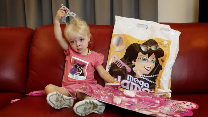 Violet Price from Merimbula checks out the Mega Glamour Show Bag at Ronald McDonald House at Canberra Hospital. Photo: Jeffrey Chan