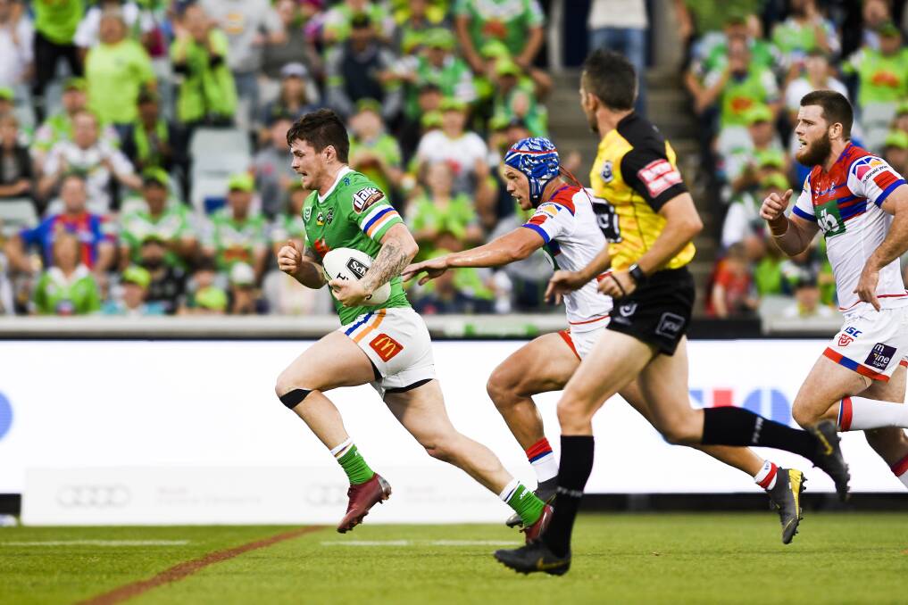 John Bateman outdanced Kalyn Ponga for a few moments. Photo: Dion Georgopoulos