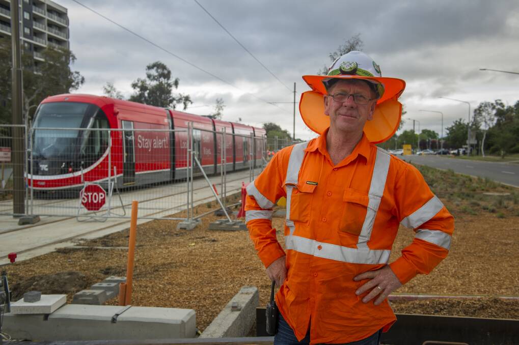 Canberra Metro protection officer Graham Doneley preparing for light rail testing in November. Photo: Elesa Kurtz