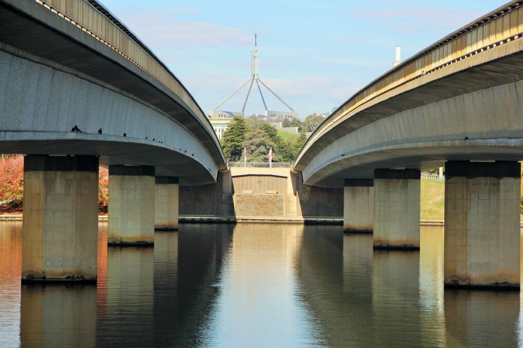 The view from two granite slabs from the 1817 Waterloo Bridge that are underneath Commonwealth Bridge towards Parliament House. Photo: David Moore