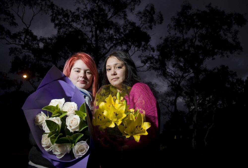 Jessica Willetts  and Ayesha Owen, friends of Zachary Znotins who was killed in an accident on Burley Griffin Way . Photo: Elesa Kurtz