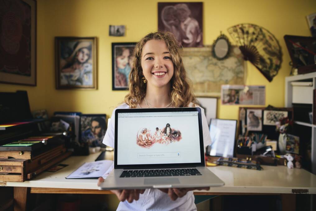 Ineka Voigt with her drawing on the Google homepage. Photo: Rohan Thomson