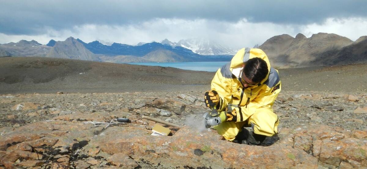 University of Canberra associate professor and geologist Duanne White at work on South Georgia in March 2013. Photo: Supplied