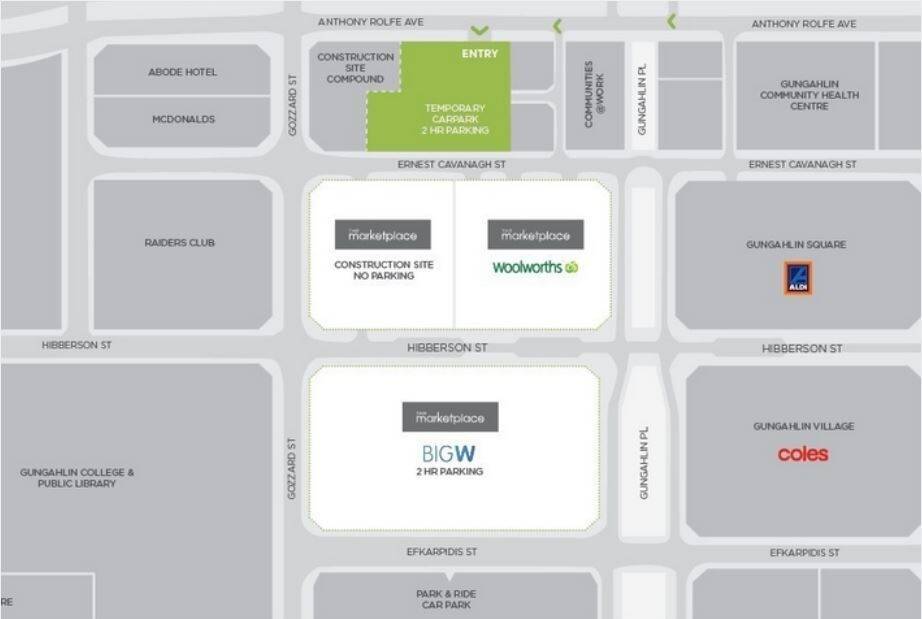 A map showing the location of a new car park and a temporary car park at the Gungahlin town centre. Photo: The Marketplace