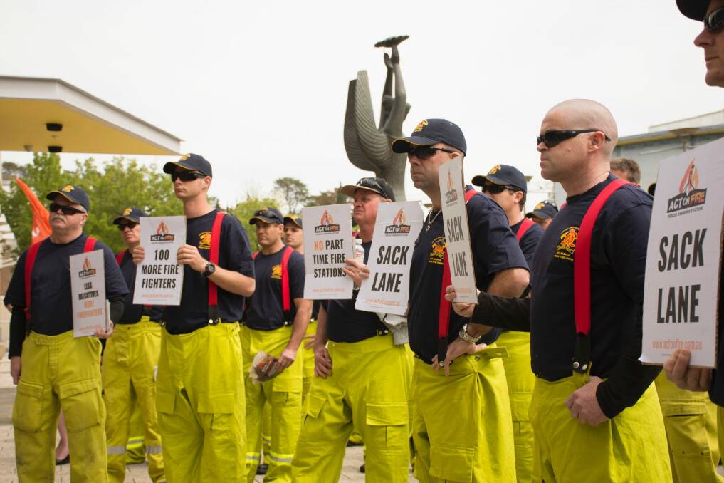 Fire fighters protest at Legislative of Assembly. Photo Jason Wright Photo: Elesa Kurtz