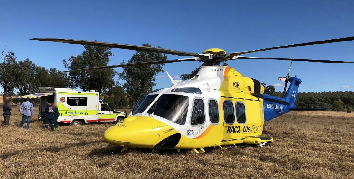 The Sunshine Coast-based RACQ LifeFlight Rescue helicopter landed at the North Burnett property on Friday morning. Photo: RACQ LifeFlight Rescue