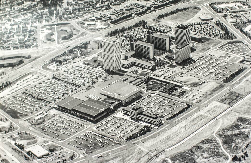 An aerial view of the Woden town centre, taken on December 21, 1976. Photo: Canberra Times archives