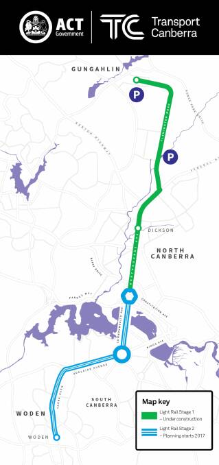 The planned light rail route to Woden, which the government has revealed as stage two of the network.