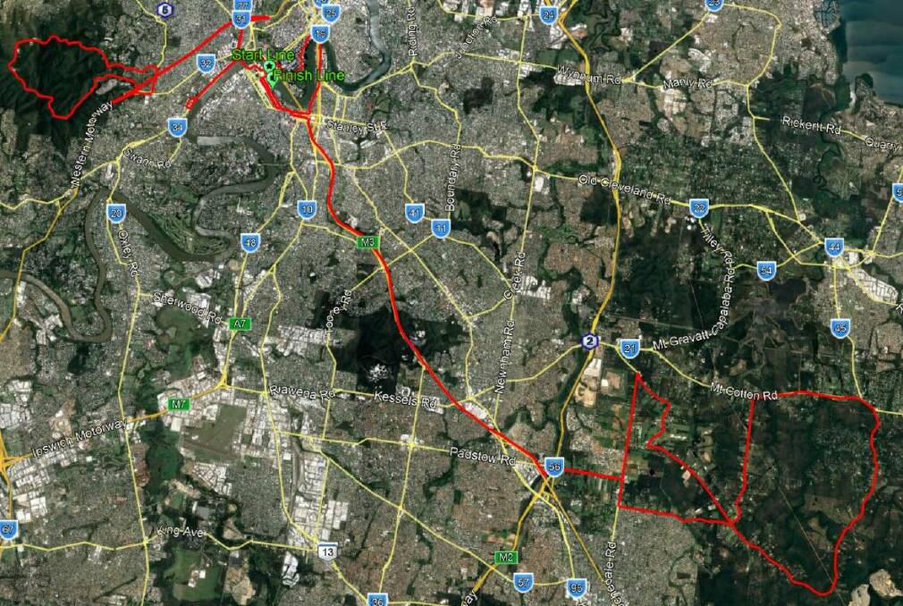 The planned route for the Tour de Brisbane (red) across the city and wider surrounds. Photo: Brisbane City Council