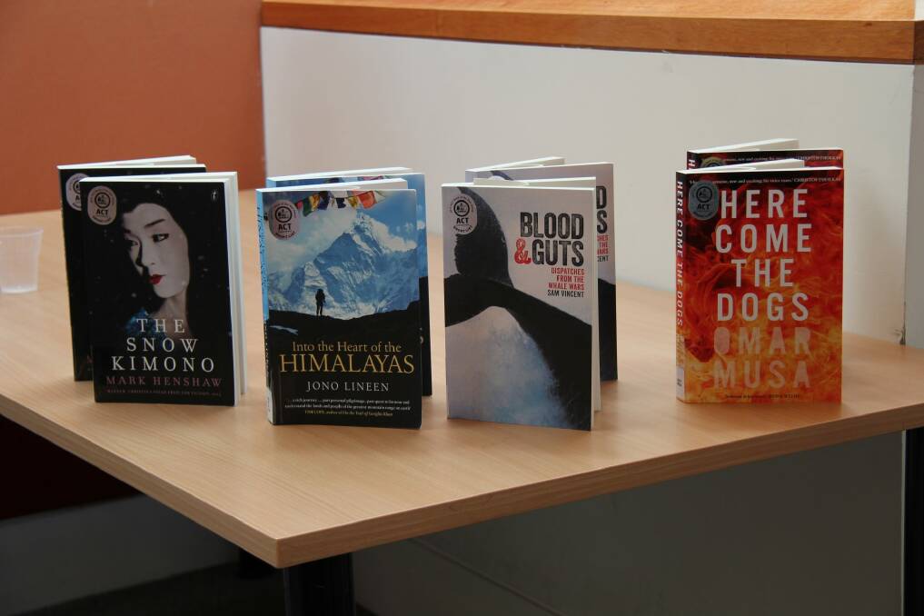 Mark Henshaw's <i>The Snow Kimono</i> beat Jono Lineen's <i>Into the Heart of the Himalayas</i>, Omar Musa's <i>Here Come the Dogs</i>, and Sam Vincent's <i>Blood and Guts</i> to take out 2015 ACT Book of the Year. Photo: Supplied
