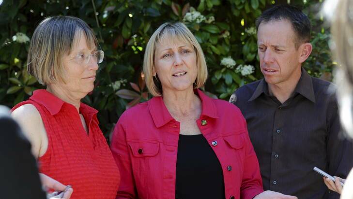 Greens MLAs at a post election get together at Meredith Hunter's home in O'Connor, from left, Caroline LeCouteur, Meredith Hunter and Shane Rattenbury. Photo: Graham Tidy