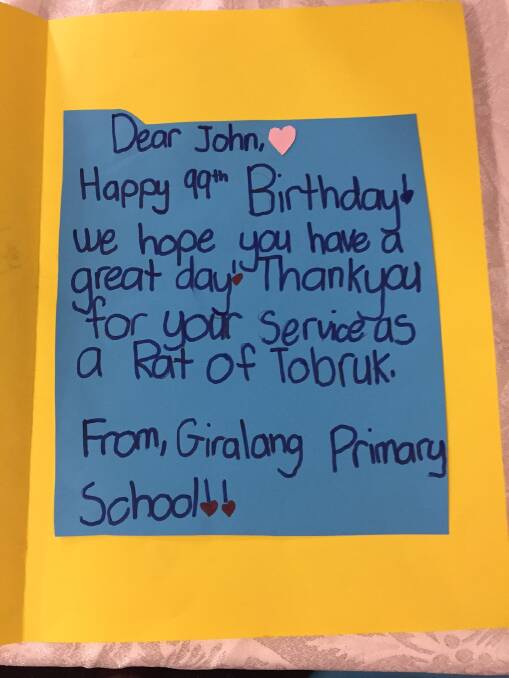 The note inside the birthday card made by Giralang Primary students for Rat of Tobruk John Fleming. Photo: Fairfax Media 