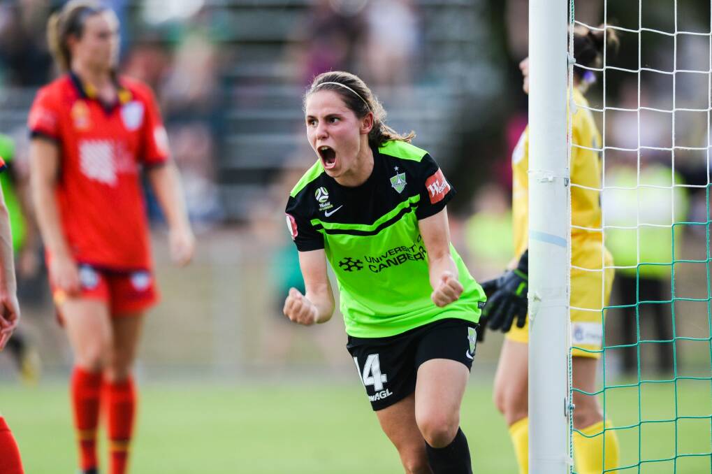 Canberra United's Ashleigh Sykes celebrates a goal. Photo: Rohan Thomson
