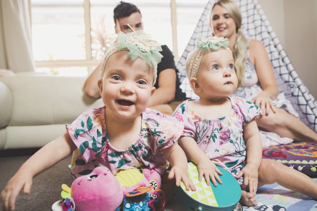 Twins Dahli and India Greenhalgh each weighed less than a kilo when they were born in January, 2018. Their parents Luke and Terri will be forever grateful for the help they received from the Neonatal Intensive Care Unit at the Canberra Hospital. Photo: Jamila Toderas