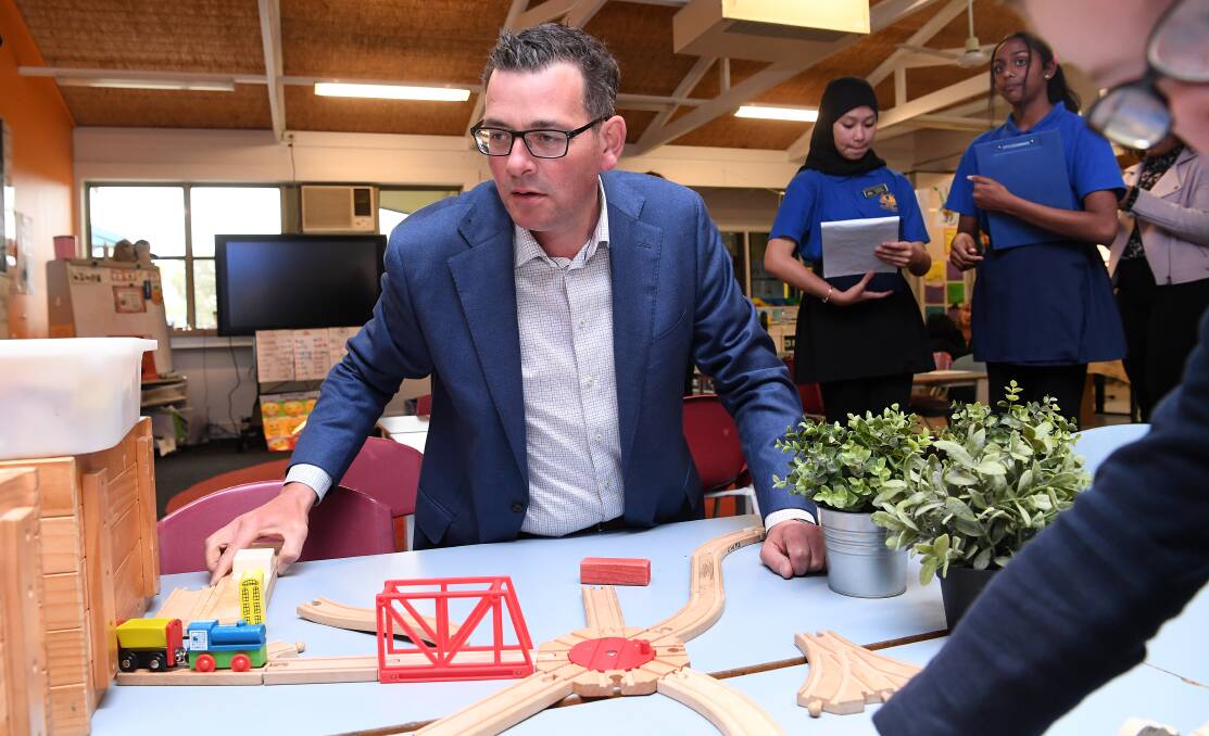On track to win: Premier Daniel Andrews appeared relaxed as he visited a Cranbourne West school on the final day of campaigning. Photo: AAP