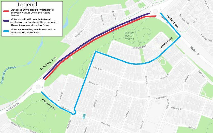 Map of road closures for stage two works on Gundaroo Drive duplication.  Photo: Supplied