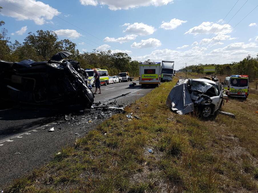 Two people died after a two-car crash in South Isis near Bundaberg on the central Queensland coast. Photo: RACQ LifeFlight Rescue