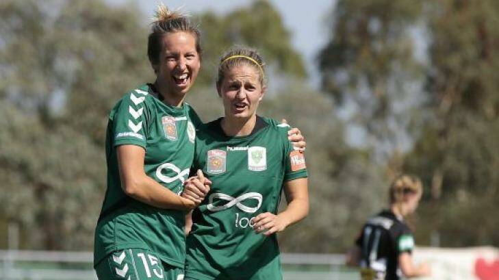 Sally Shipard with Ellie Brush during happier times at Canberra United. Photo: Jeffrey Chan