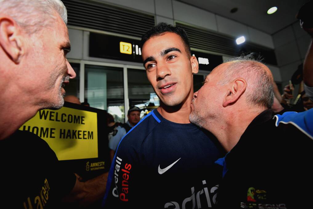 Refugee footballer Hakeem al-Araibi arrives back in Melbourne. Photo: Joe Armao