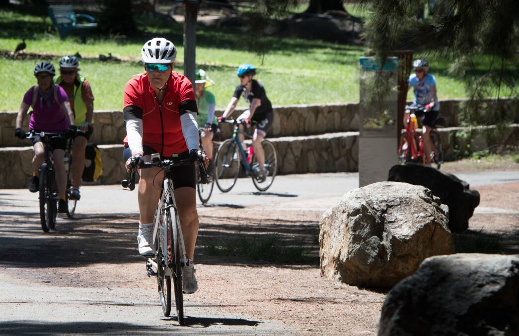 Sue Lake and fellow pedal power cyclists return from a morning ride at Lake Ginninderra to avoid the hottest part of the day. Photo: Elesa Kurtz