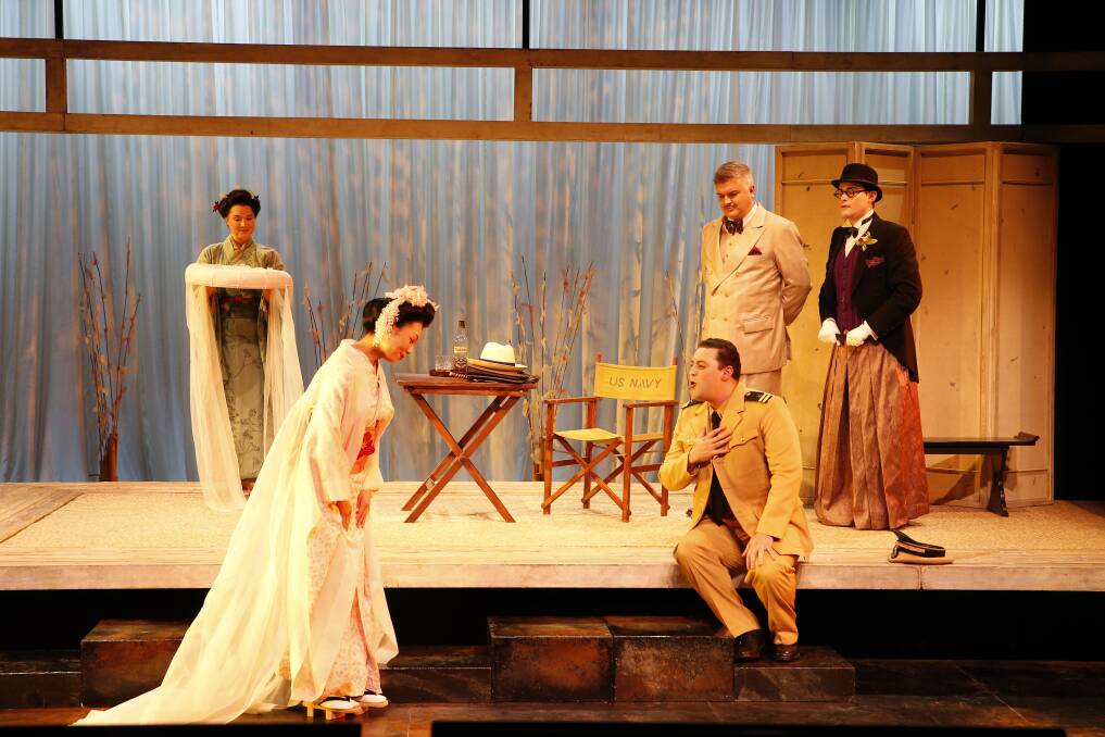 (From left) Anna Yun, Sharon Zhai, Matthew Reardon, Andrew Moran and Michael Petruccelli in Opera Australia's 2018 touring production of 'Madame Butterfly'. Photo: Jeff Busby