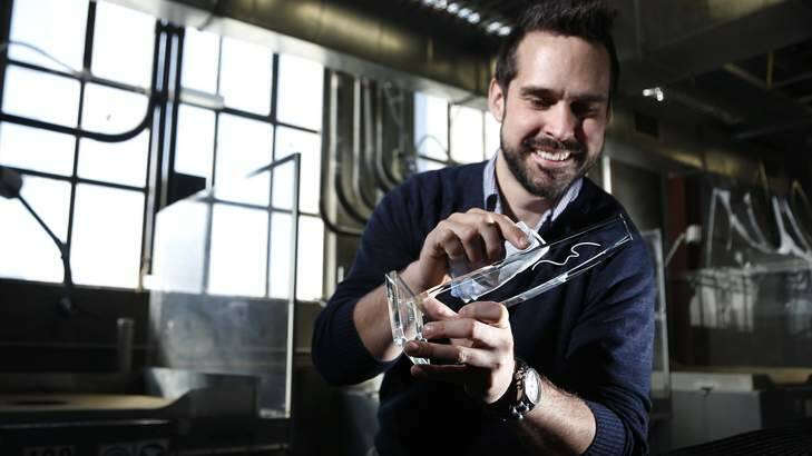 Artist Matthew Day Perez at the Canberra Glass Works has created the trophy for the 2013 Australian Dance Awards. Photo: Jeffrey Chan