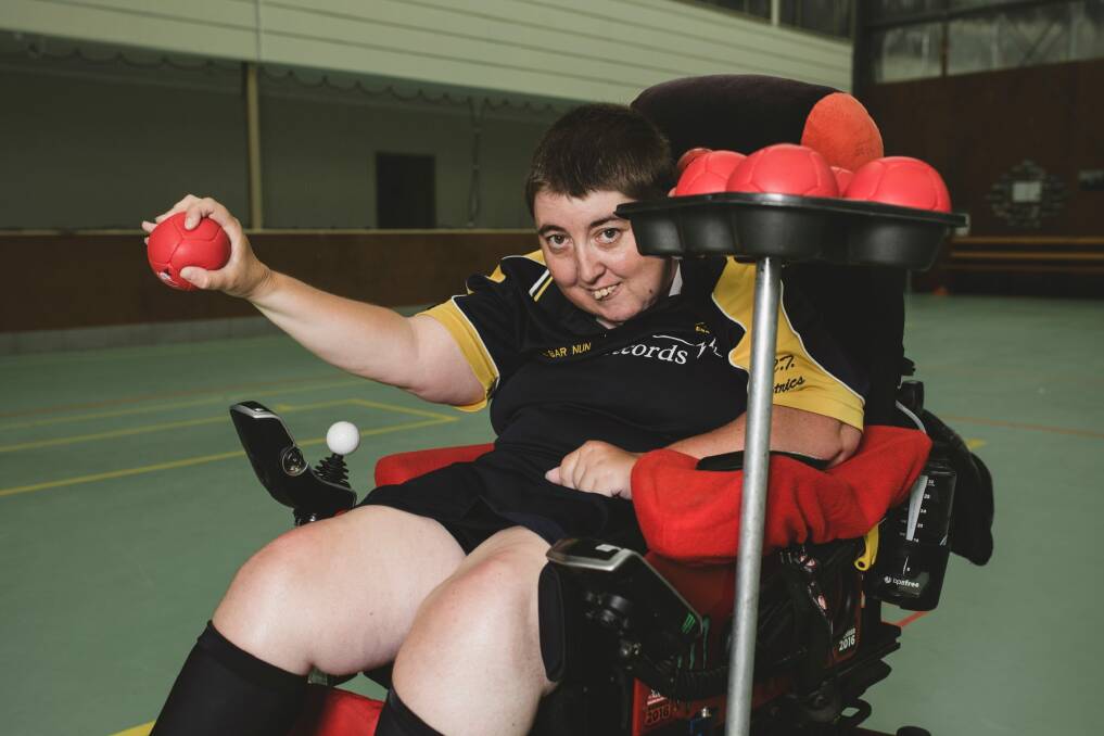 Corena Harrison, of Chifley,  has played boccia for 10 years, winning a New Zealand championship along the way. Note the genius use of a muffin tin to hold her boccia balls while she is competing. Photo: Jamila Toderas