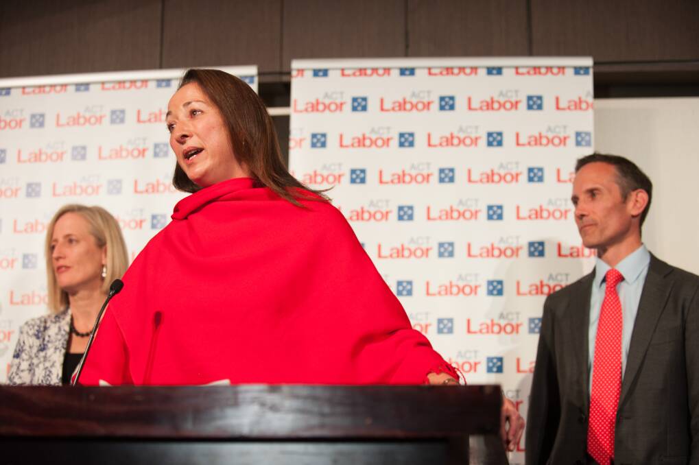 Labor MP for Canberra Gai Brodtmann on election night 2016, flanked by then Labor senator Katy Gallagher and Labor MP for Fenner Andrew Leigh. Photo: Elesa Kurtz