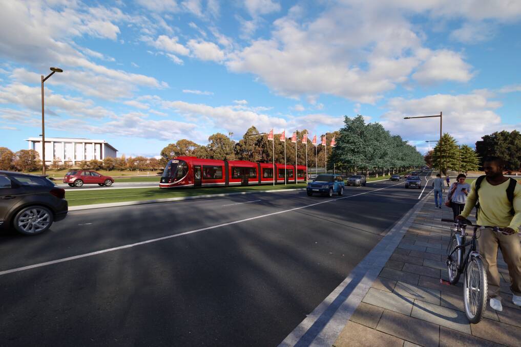 An artist's impression of light rail travelling over Commonwealth Bridge.  Light rail could go via State Circle to Woden instead of Barton.   Photo: Supplied