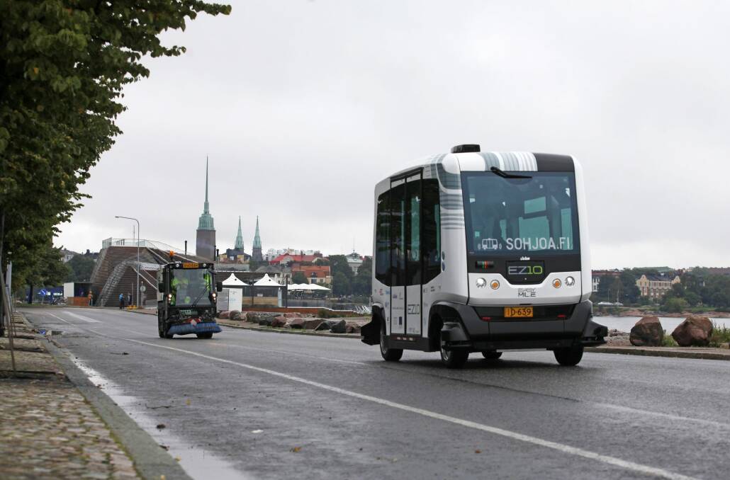 An EasyMile EZ-10 self-driving shuttle bus during testing as part of the Sohjoa pilot project in Helsinki, Finland.  Photo: Ville Mannikko/Bloomberg