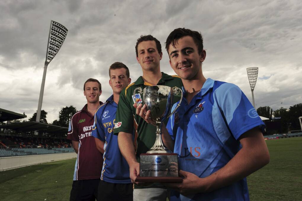 Representatives of the four Canberra district cricket clubs,
playing for the Twenty20 Cup finals series, at the Manuka Oval. From
left Brendan Duffy (WestsUC), George Munsey (North Canberra Gungahlin),
Michael Crilly (Weston Creek Molonglo) and Alex Page (Queanbeyan). Photo: Graham Tidy