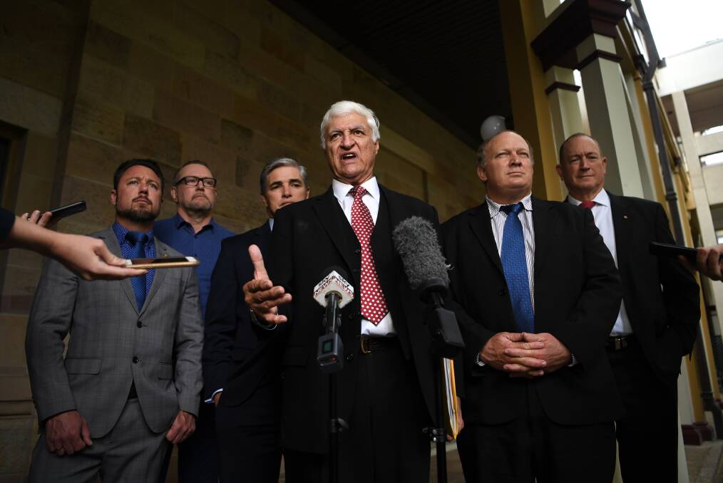 Bob Katter (centre) and KAP Senator Fraser Anning at Thursday's press conference with the party's Queensland state members Shane Knuth (second right), Robbie Katter (third left) and Nick Dametto (left) at Parliament House. Photo: Dan Peled - AAP