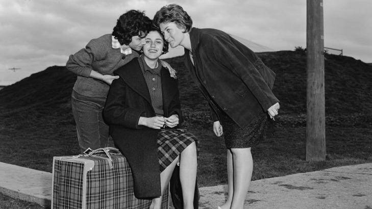 A Greek woman receives a farewell kiss from her friends before leaving Maribyrnong, Victoria, with her new employer, 1962. The women were among a group of 75 Greek domestic workers who stayed in the hostel until they found jobs in Melbourne.
