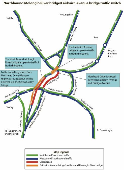Traffic switch map – Molonglo River bridge and Fairbairn Avenue bridge opening arrangements Photo: Supplied