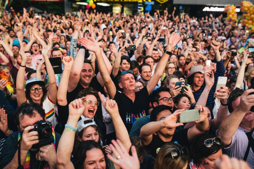 Thousands of people packed Lonsdale Street in Braddon on Wednesday night for a euphoric, incident-free party which was approved over a couple of days. Photo: Rohan Thomson