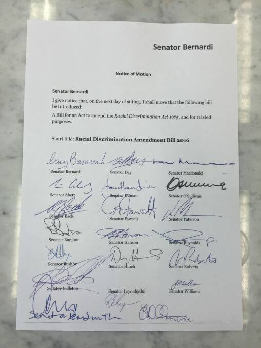 Petition by Cory Bernardi on changes to section 18c of the Racial Discrimination Act. Photo: Supplied
