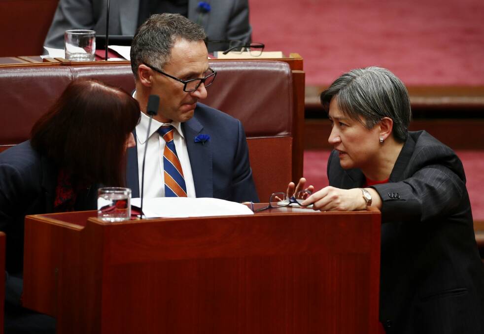 Greens leader Richard Di Natale and Labor's Penny Wong, who has not released citizenship documents. Photo: Alex Ellinghausen