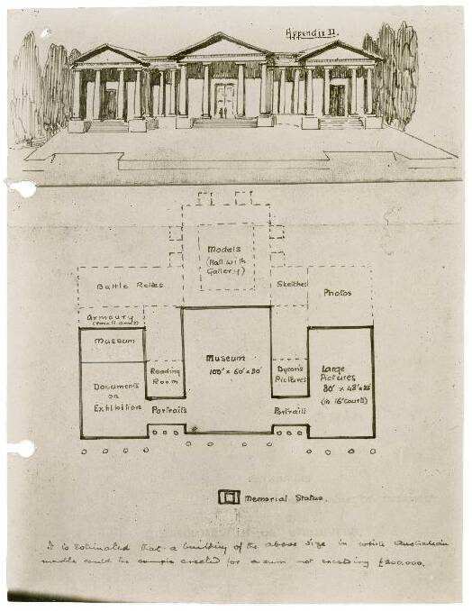 An original sketch by Charles Bean of the first proposed design for the War Memorial. Photo: Australian War Memorial