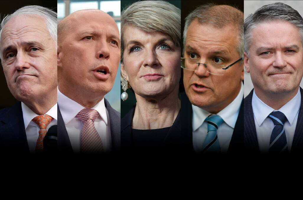 Malcolm Turnbull, Peter Dutton, Julie Bishop, Scott Morrison and Mathias Cormann.  Photo: Fairfax Media