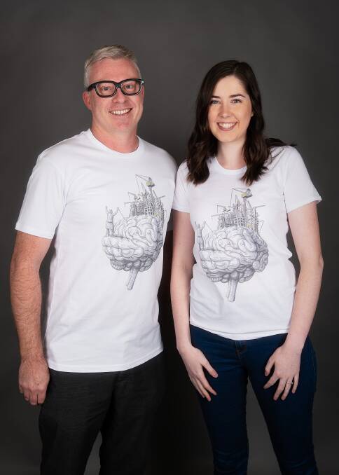 Damien Veal and Hayley Teasdale sporting their creation for Shirty Science 2018. Photo: Geoffrey Dunn