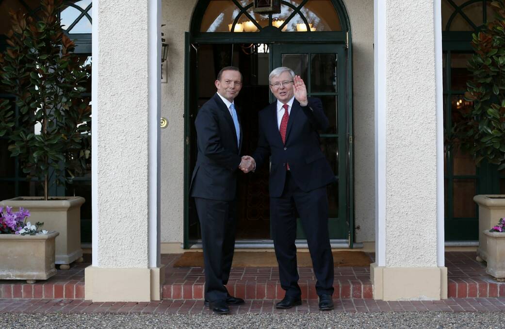 Former prime minister Kevin Rudd greets then Prime Minister-elect Tony Abbott at The Lodge. Photo: Andrew Meares